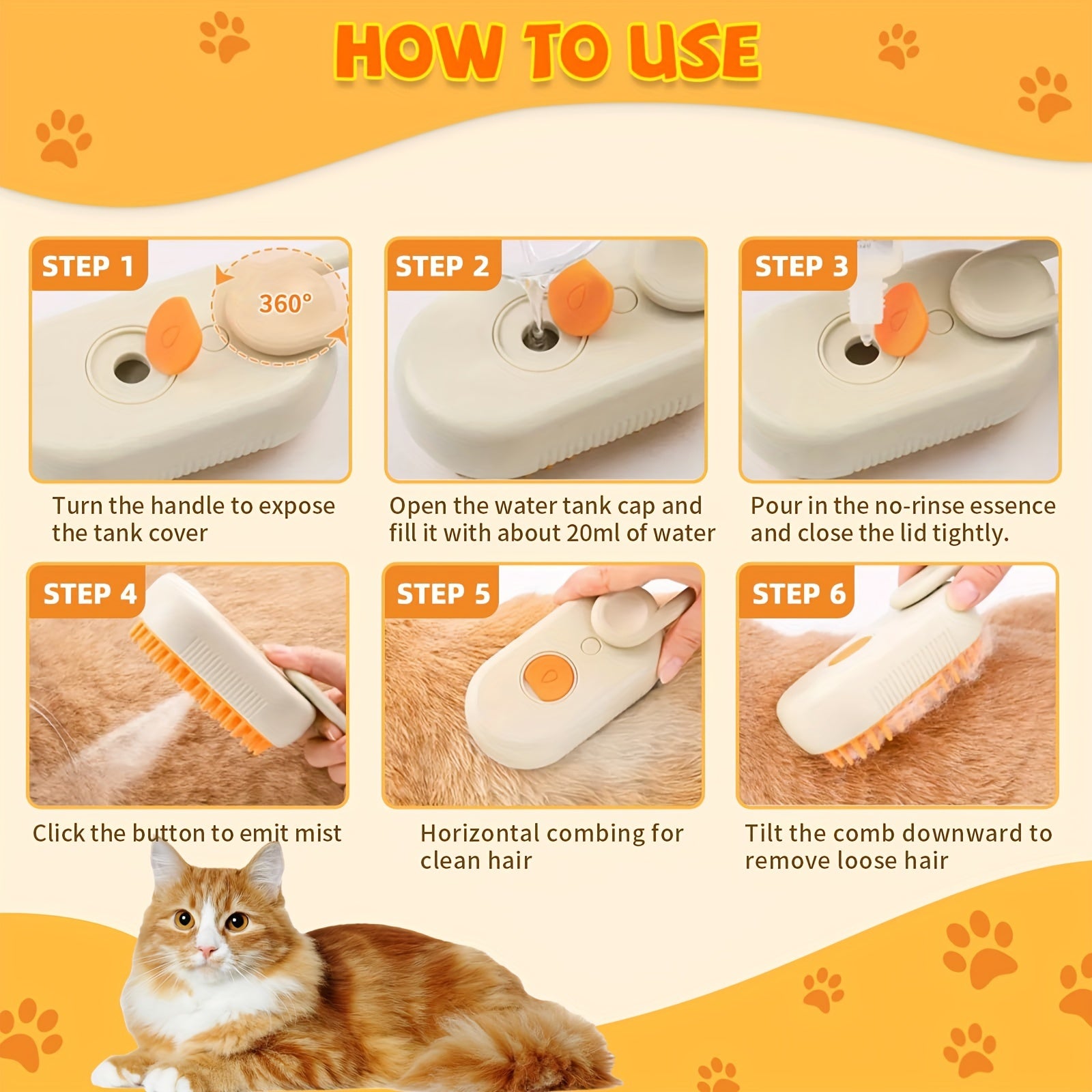 Brosse pour animaux 3-en-1 rechargeable avec vapeur pour chats et chiens