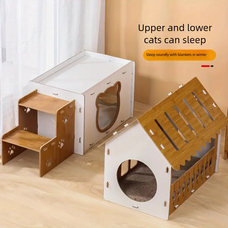 NNETM Villa-Style Cat Scratcher Cardboard House - Plaid Pattern