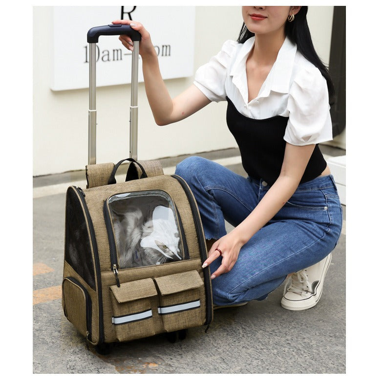 NNEDSZ khaki 3-in-1 Pet Carrier: Rolling Backpack with Collapsible Design