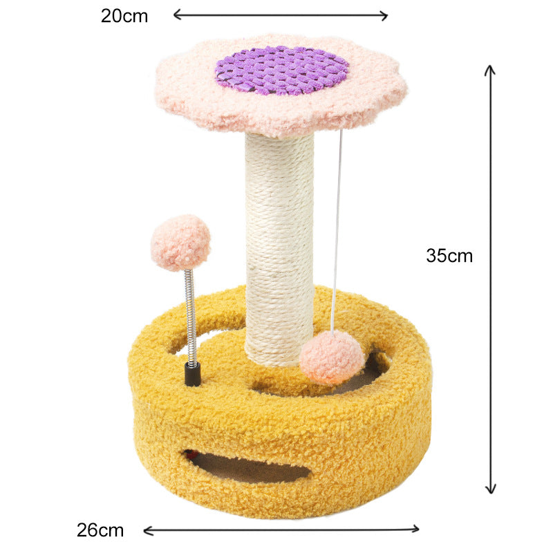 NNEDSZ Yellow-pink Interactive Cat Scratching Post with Playful Ball Toys, Flower Design - 35cm Height, 26cm Base