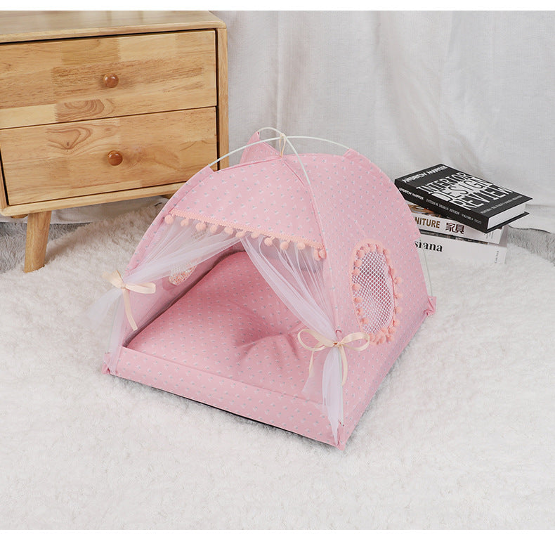 NNEDSZ Pink Floral Portable Folding Pet Tent - Summer Cat & Dog Shelter with Mesh Window, Lightweight and Breathable, Ideal for Travel & Home Use 35x35x30CM