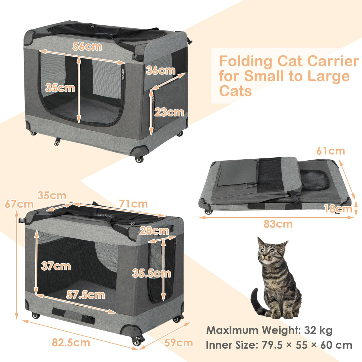 NNECW Large Foldable Cat Racing Cage with Shoulder Strap & Removable Cushion-L